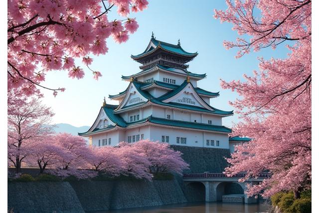 日本の古城と桜の木